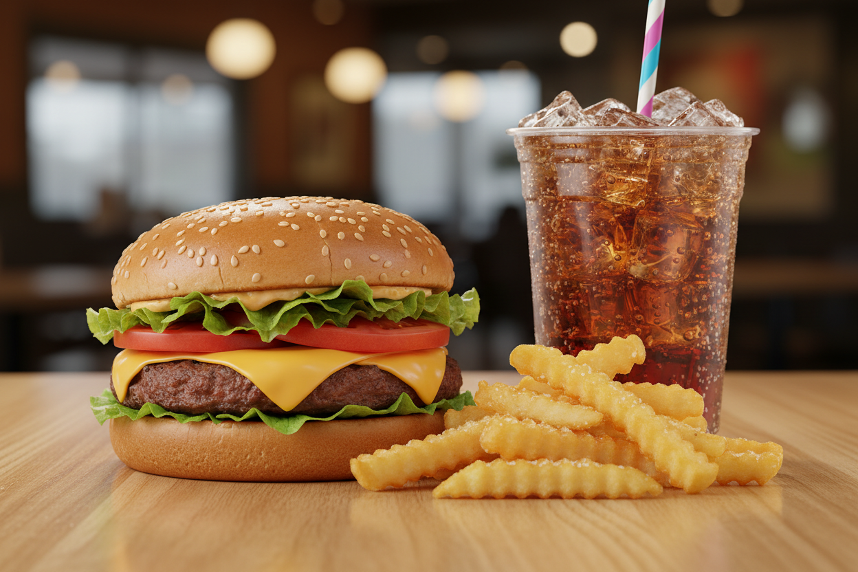 1x Cheeseburger 1x Pommes & 1x Getränk