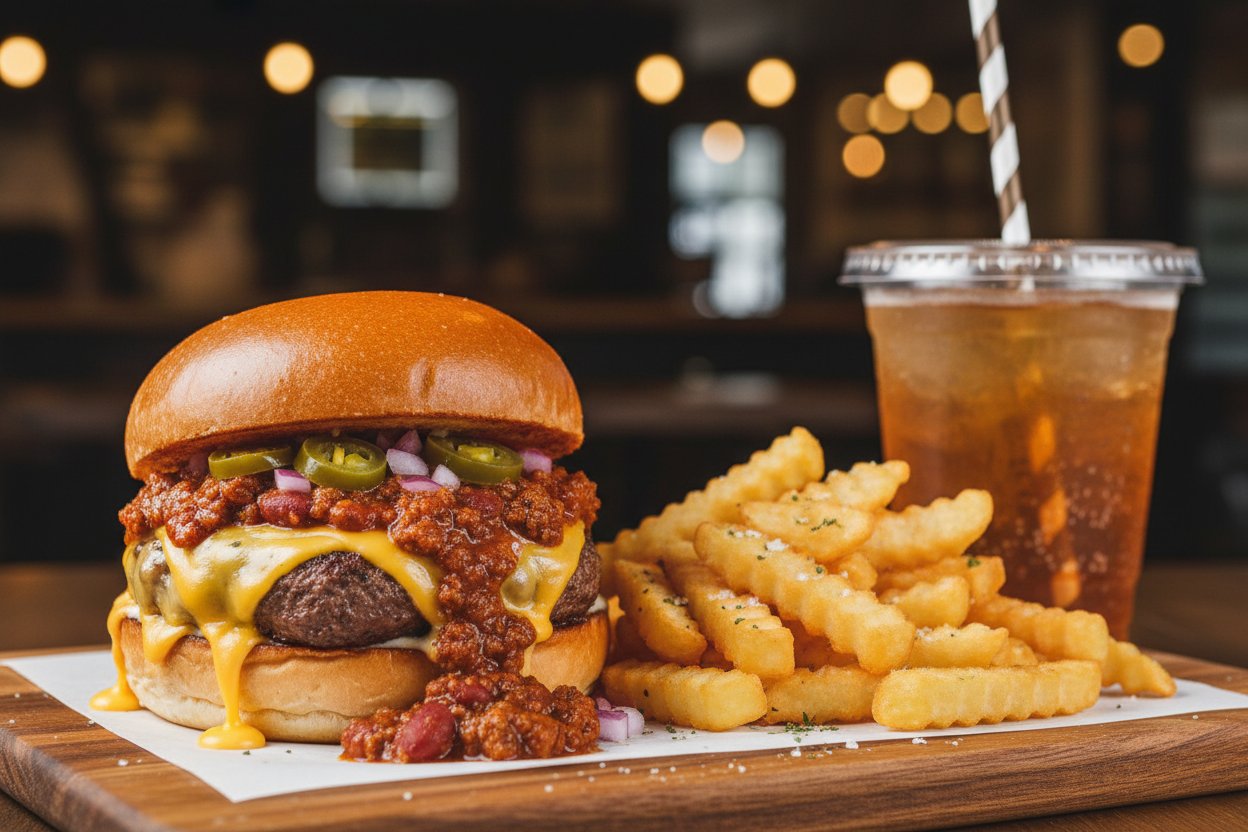 1x Chili & Cheese Burger 125 gram + 1x Pommes + 1xGetränk