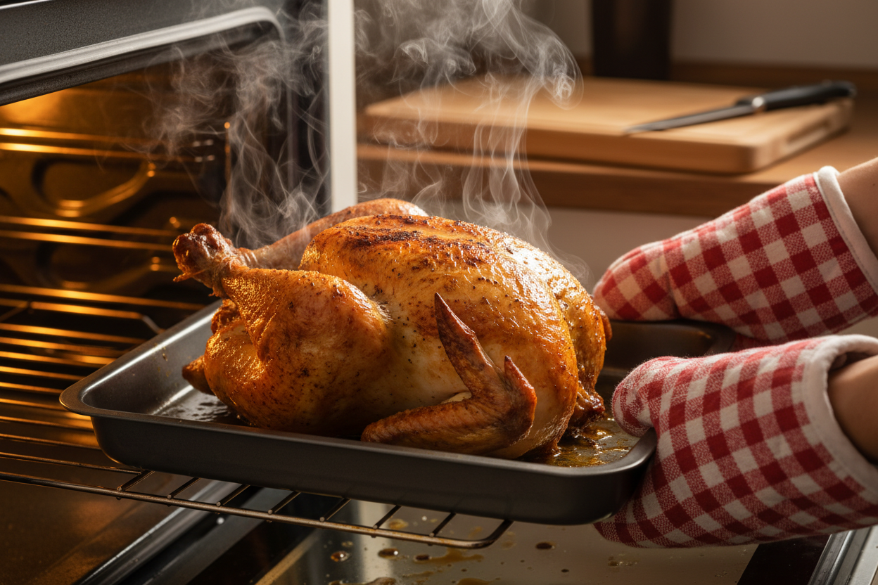 chicken kızarmış şekilde fırından çıkıyor