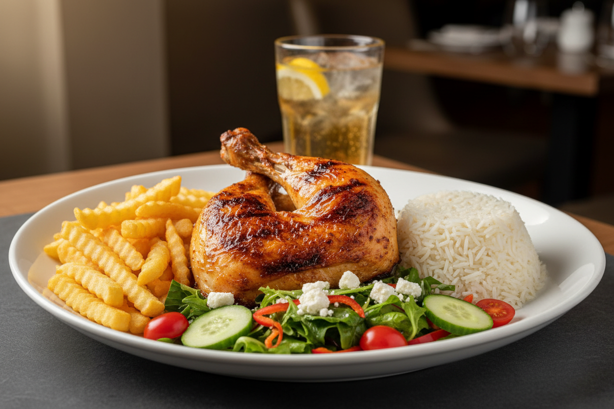 Halbes Hähnchen +Salat +1 Getränk +Pommes + Reis